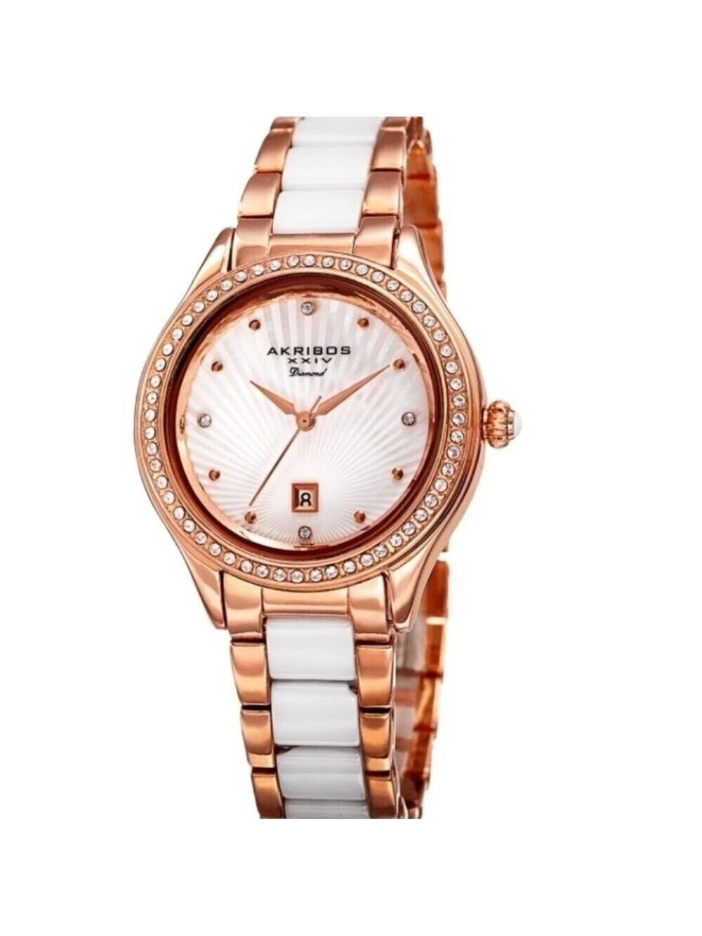 Women's Watch Akribos XXIV Diamond Oyster Quartz Rose Gold Swarovski Crystals